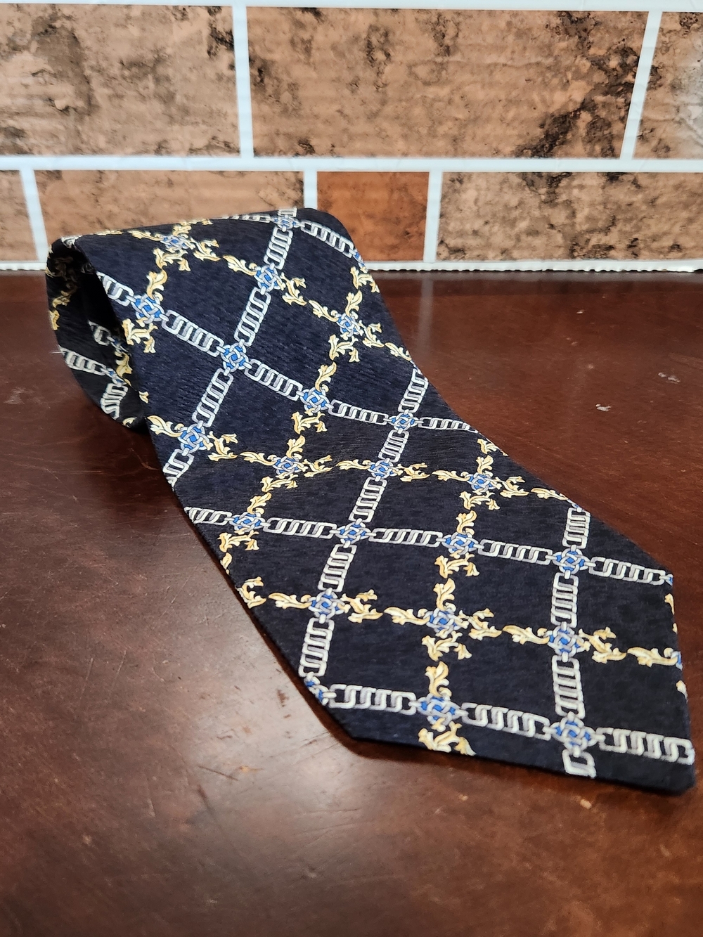 Claiborne Navy Silk Tie with Gold and Blue Chain Pattern